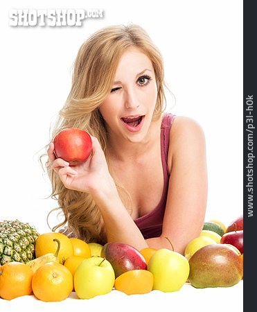 
                Frau, Gesunde Ernährung, Apfel, Südfrüchte                   