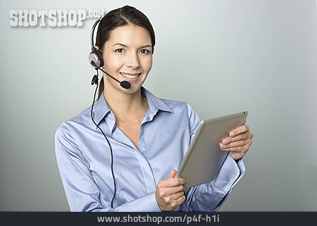 
                Frau, Headset, Kundenservice, Tablet                   