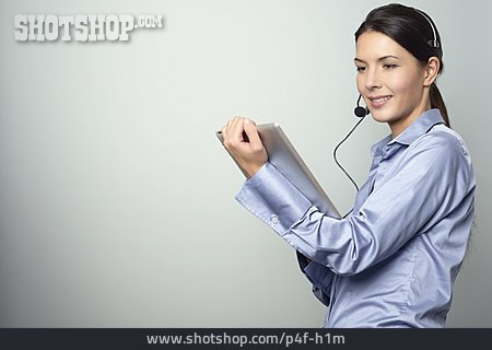 
                Frau, Telefonieren, Kundenservice, Tablet                   