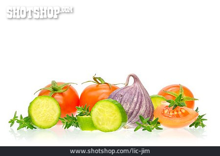 
                Tomate, Gurke, Thymian, Knoblauchknolle                   