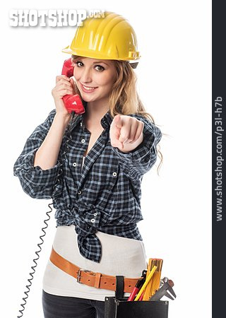 
                Junge Frau, Hotline, Bauarbeiterin                   