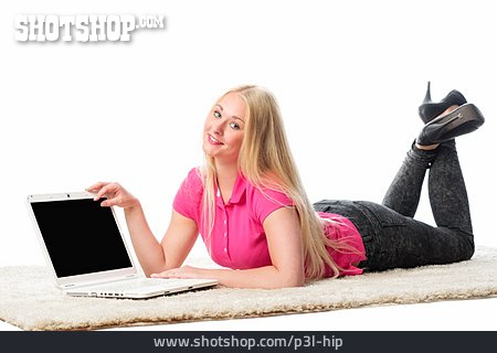 
                Junge Frau, Laptop, Präsentieren                   