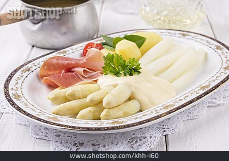
                Weißer Spargel, Hollandaise, Mittagessen, Spargelsaison, Traditionelle Küche                   