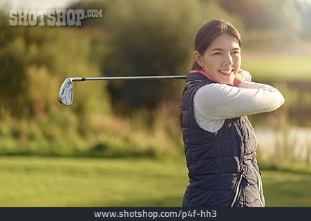 
                Frau, Golfplatz, Abschlag, Golferin                   