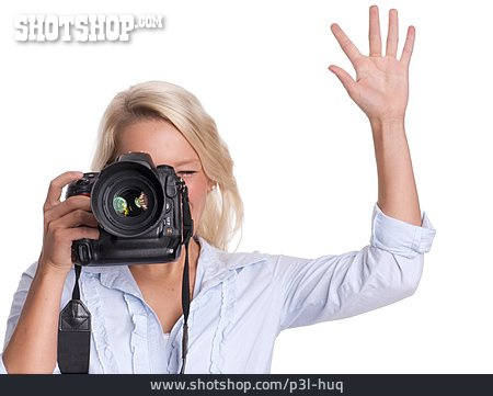 
                Frau, Fotografin, Fotografieren, Spiegelreflexkamera                   