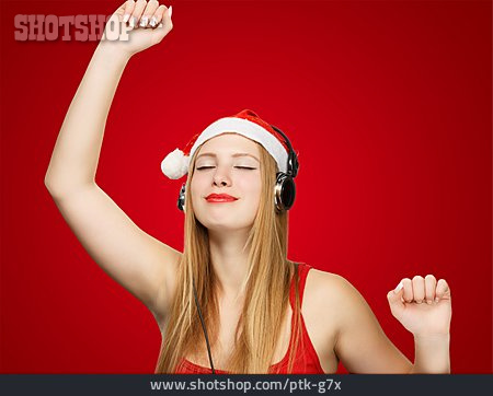 
                Kopfhörer, Weihnachtsfrau, Musik Hören                   