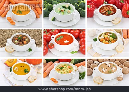 
                Gemüsesuppe, Tomatensuppe, Nudelsuppe, Cremesuppe, Linsensuppe                   
