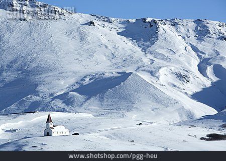 
                Kirche, Island, Schneelandschaft, Vik I Myrdal                   