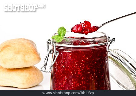 
                Frühstück, Brötchen, Himbeermarmelade                   