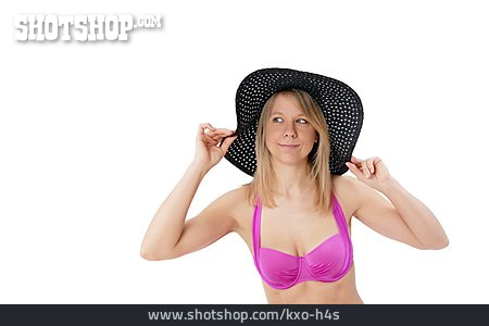
                Junge Frau, Bikini, Sommerlich, Sommerhut                   