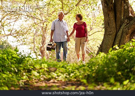 
                Spaziergang, Picknick, Seniorenpaar                   