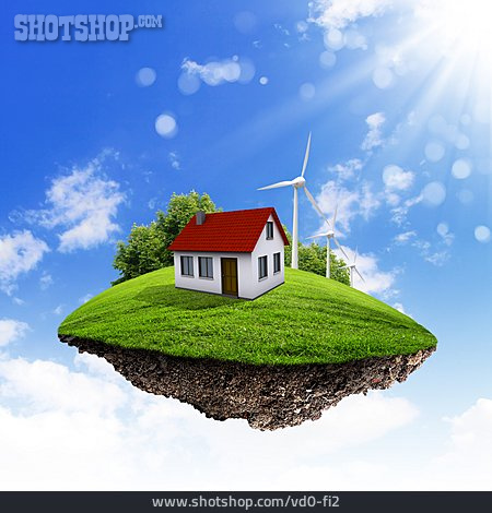 
                Windrad, Einfamilienhaus, Regenerative Energie                   