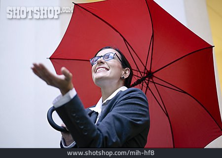 
                Geschäftsfrau, Wetter, Regenschirm, Optimistisch                   