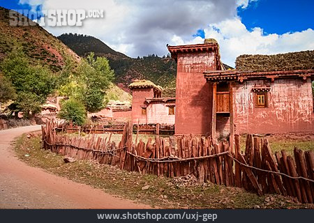 
                Dorf, Wohnhaus, Reetdach, Himalaya                   