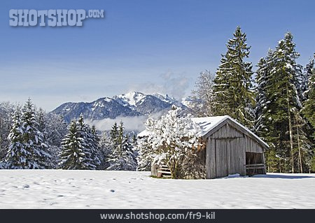 
                Winterlandschaft, Hütte, Benediktenwand                   