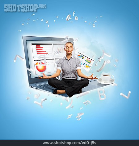 
                Geschäftsfrau, Balance, Online, Arbeitsplatz, Meditieren                   