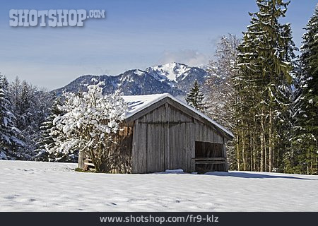 
                Winterlandschaft, Holzhütte, Bayrische Voralpen                   