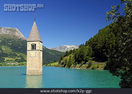 
                Kirchturm, Reschensee, Lago Di Resia                   