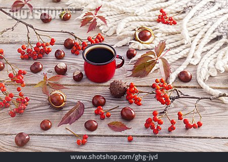 
                Kaffee, Eberesche, Herbstdekoration                   