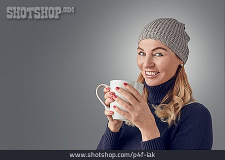 
                Frau, Winterzeit, Kaffeetasse, Wärmen                   