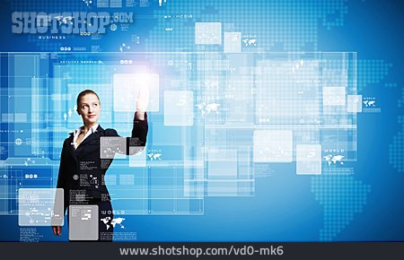 
                Geschäftsfrau, Touchscreen, Multimedia, Aktivieren                   