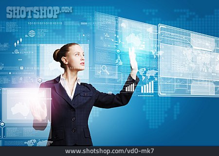 
                Geschäftsfrau, Touchscreen, Dateneingabe, Multimedia, Hi-tech                   