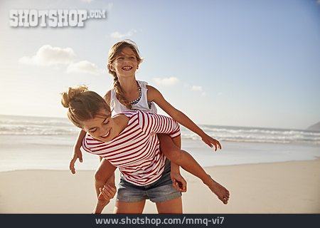 
                Mother, Daughter, Piggyback, Beach Holiday                   
