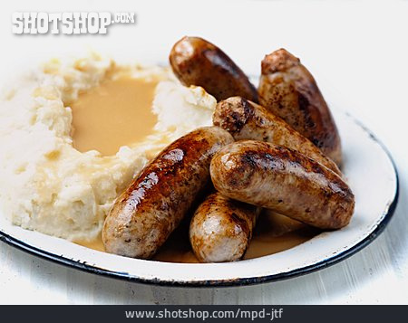 
                Bratwurst, Kartoffelbrei, Mittagessen                   