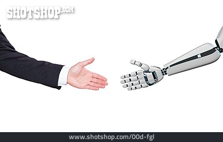 
                Zusammenarbeit, Roboter, Handschlag, Mensch                   