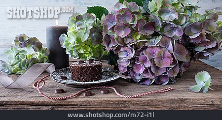 
                Dekoration, Hortensienblüte, Schokoladenkuchen                   