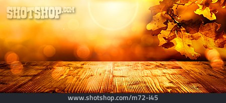 
                Sonnenlicht, Herbstlaub, Holztisch                   