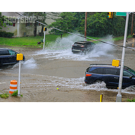 
                überschwemmung, Straße, Regenwetter                   