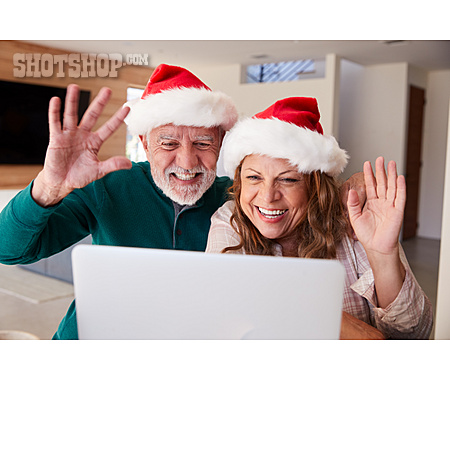 
                Zuhause, Weihnachten, Online, Winken, Videocall                   