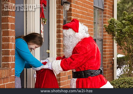 
                überraschung, Weihnachtsmann, Haustür, Weihnachtsgeschenk                   