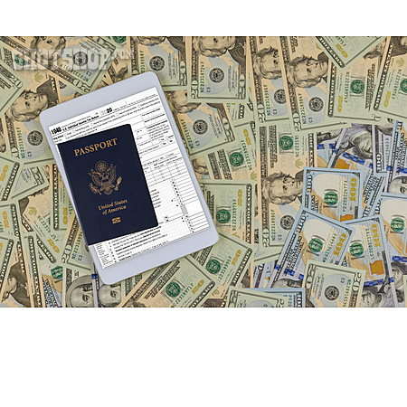 
                Reisepass, Geldschein, Banknoten, Us-dollar, Einkommensteuererklärung                   