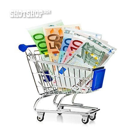
                Konsum, Euroscheine, Kaufkraft, Einkaufswagen                   