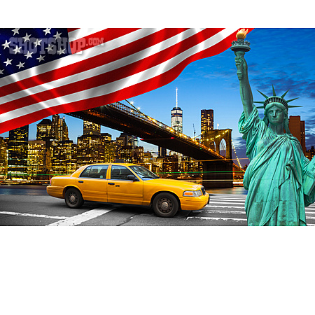 
                Usa, New York, Freiheitsstatue, Yellow Cab                   