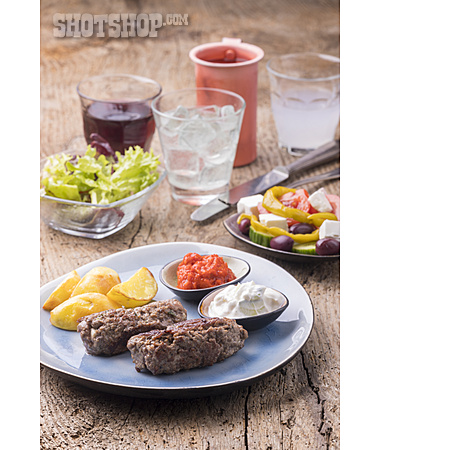 
                Greek Cuisine, Bifteki, Barbeque Plate, Ouzo                   