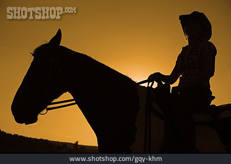 
                Sonnenuntergang, Silhouette, Pferd, Reiterin                   