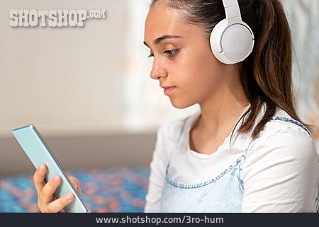 
                Teenager, Girl, Headphones, Smart Phone, Listening Music                   
