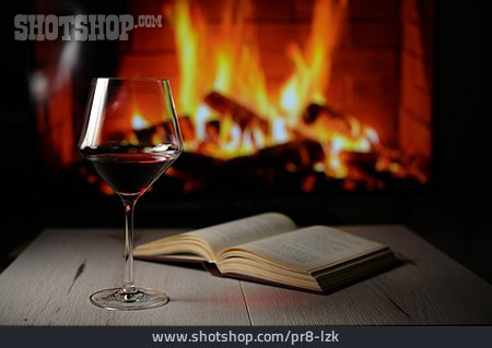 
                Lesen, Rotwein, Kaminfeuer                   