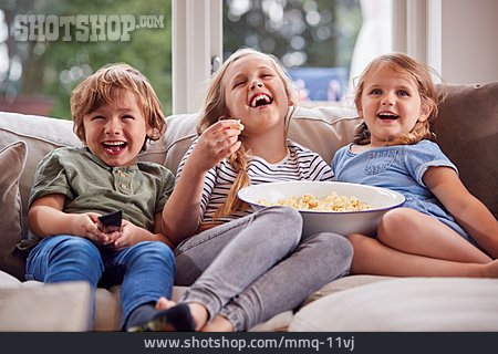 
                Happy, Home, Watching Tv, Siblings, Popcorn                   
