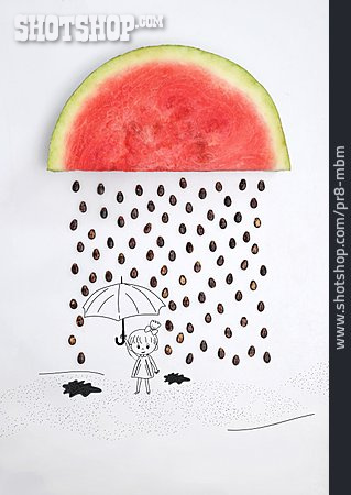 
                Mädchen, Regenschirm, Wassermelone, Regnen                   