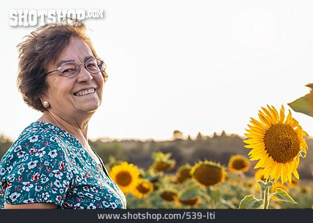 
                Seniorin, Porträt, Sonnenblumenfeld                   