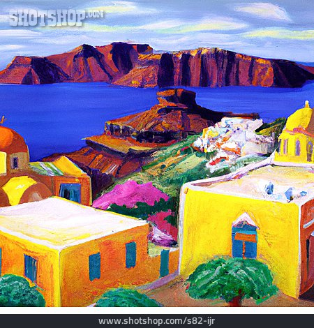 
                Dorf, Meer, Gemälde, Griechenland                   