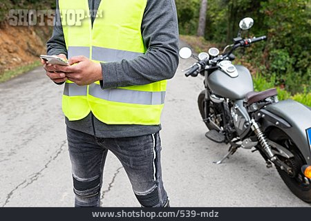 
                Sms, Motorradfahrer, Notfall, Landstraße, Warnweste                   