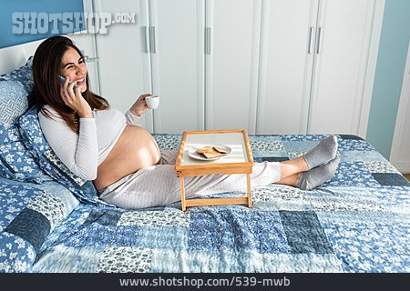 
                Happy, Breakfast, Relaxed, On The Phone, Pregnant, Bedroom                   