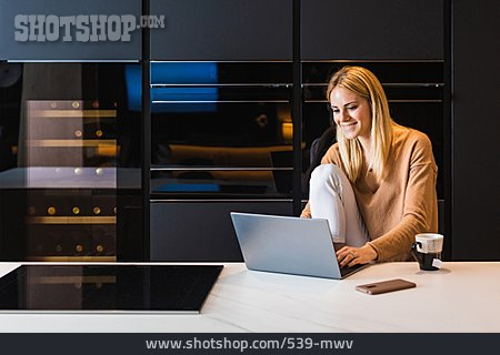 
                Young Woman, Smiling, Modern, Kitchen, Internet, Online                   
