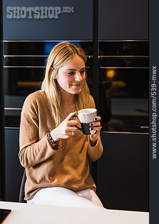 
                Young Woman, Home, Sitting, Hot Drink                   