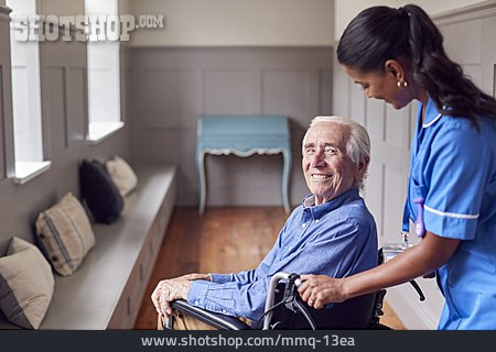 
                Senior, Smiling, Old Nurse, Pushing, Wheelchair, Old Care                   
